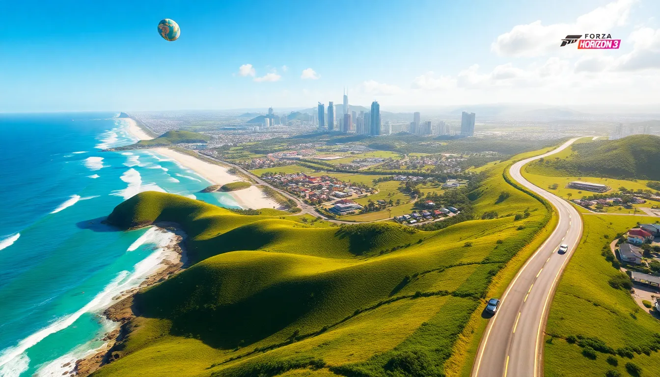 vibrant Forza Horizon 3 map featuring cities and beautiful landscapes.